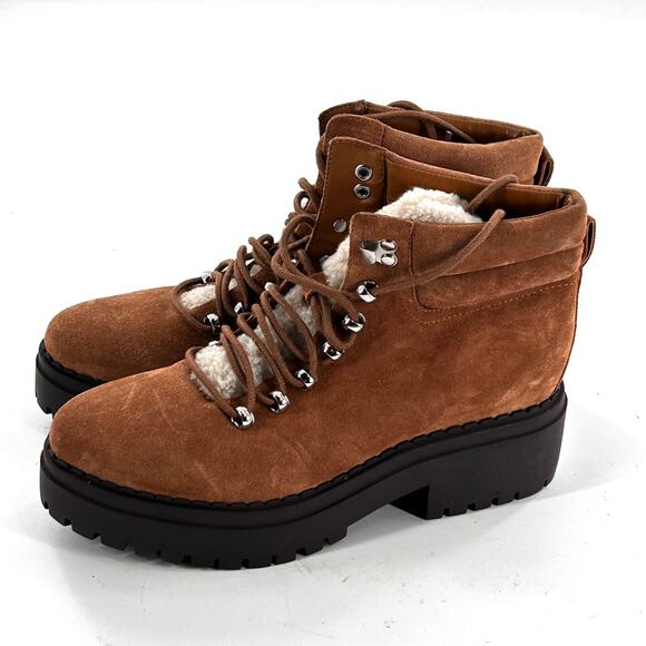 Marc Fisher Nairy Hiking Boots 8 Suede NWOT Tan Ankle Booties Combat Moto Sherpa - Picture 4 of 9